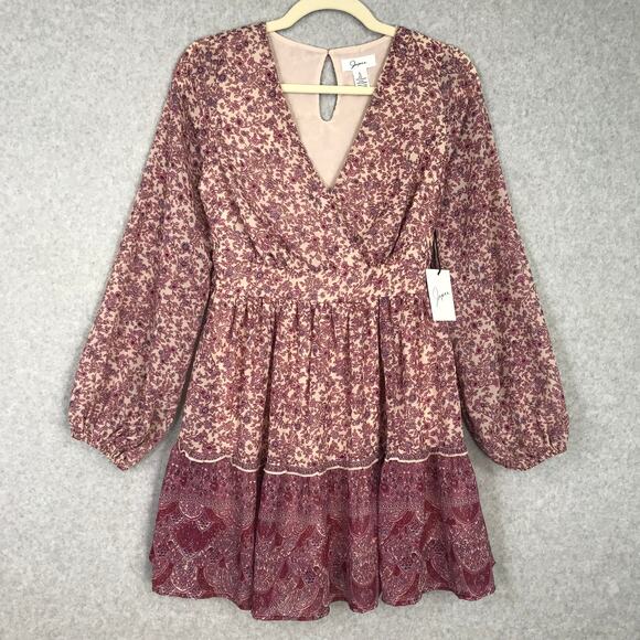 Japna Dress Small Pink Cream Paisley Wrap Flowy Puff Tie Belt Cottage Boho - Picture 1 of 15